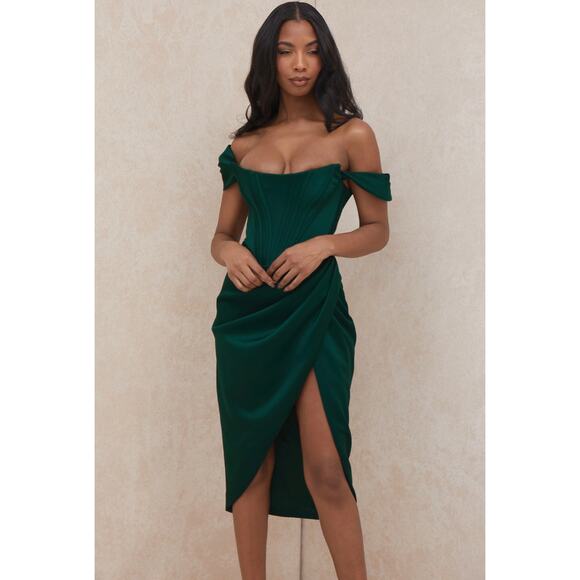 House of CB Loretta Off the Should Stain Corset Dress Green Size Med - Picture 1 of 13